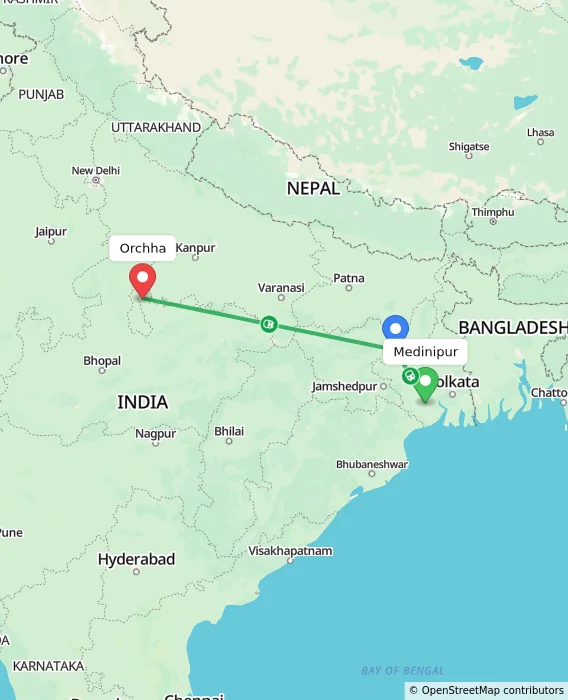 Route map showing distance and travel time from Medinipur, India to Orchha, India