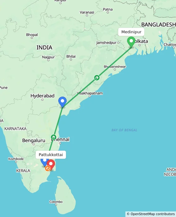 Route map showing distance and travel time from Medinipur, India to Pattukkottai, India