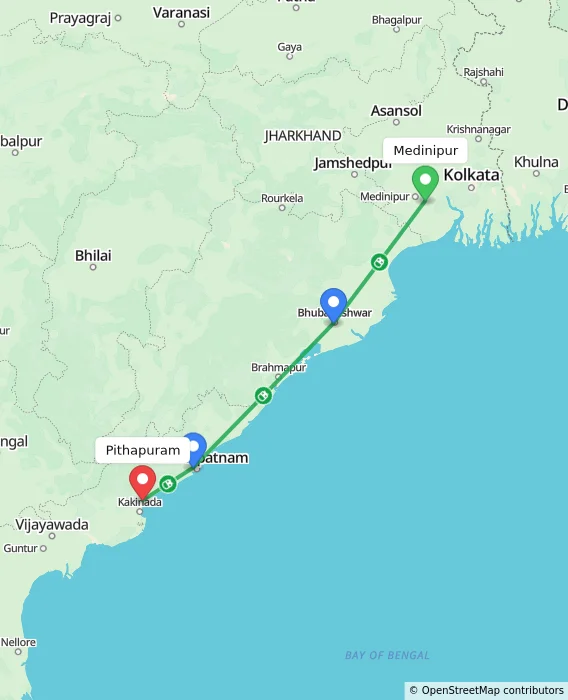 Route map showing distance and travel time from Medinipur, India to Pithapuram, India