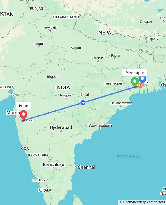 Route map showing distance and travel time from Medinipur, India to Pune, India