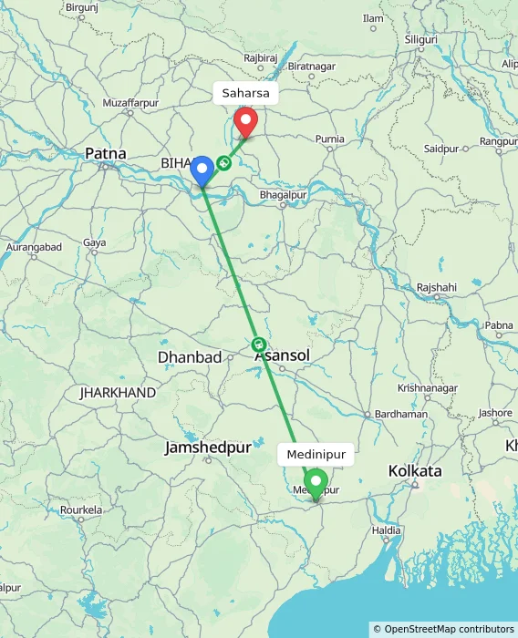 Route map showing distance and travel time from Medinipur, India to Saharsa, India