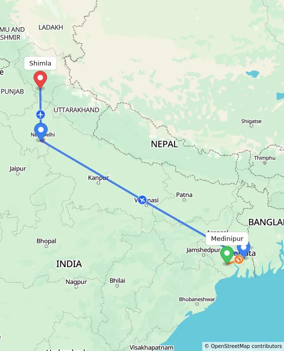 Route map showing distance and travel time from Medinipur, India to Shimla, India