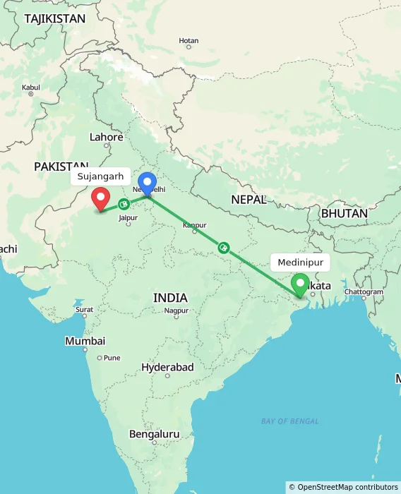 Route map showing distance and travel time from Medinipur, India to Sujangarh, India