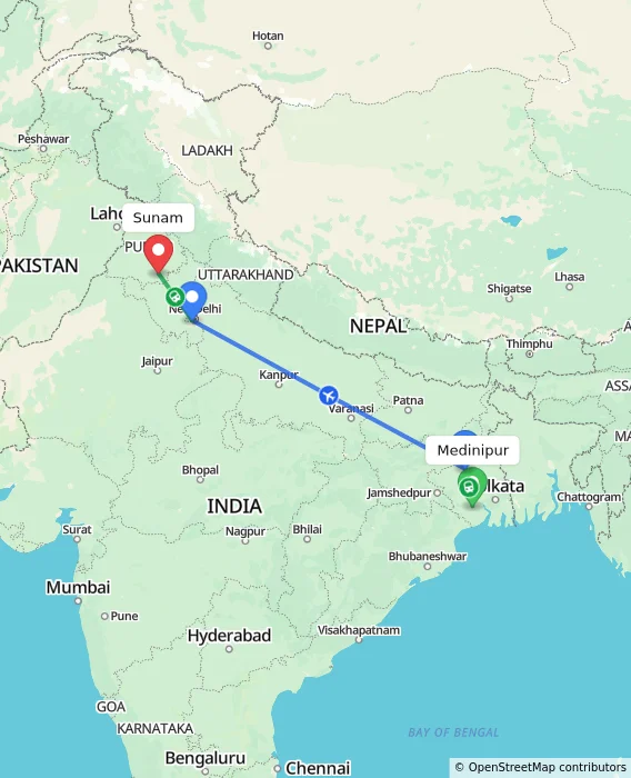 Route map showing distance and travel time from Medinipur, India to Sunam, India