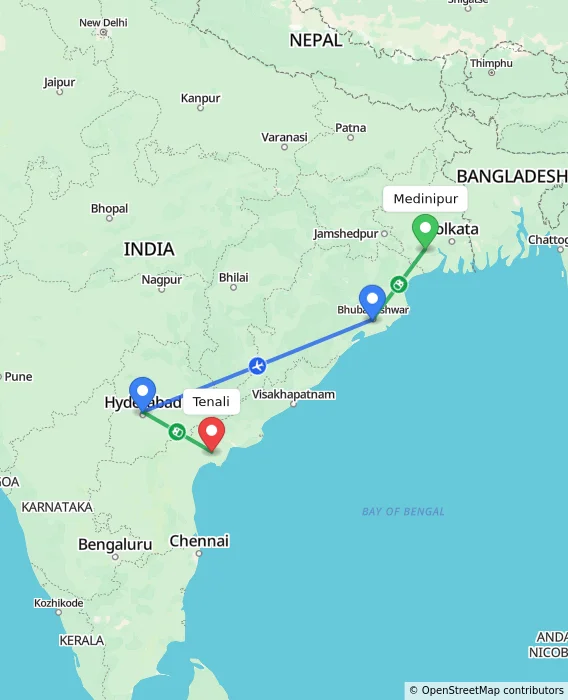 Route map showing distance and travel time from Medinipur, India to Tenali, India