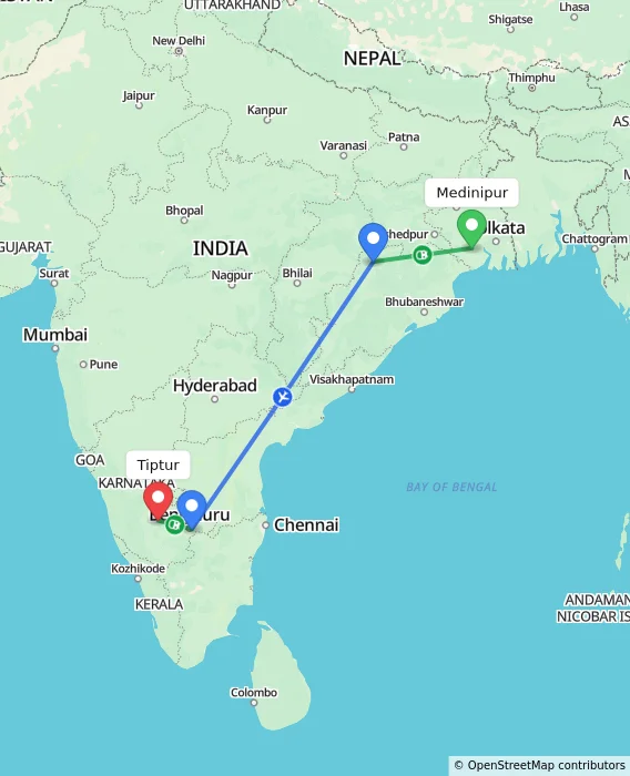 Route map showing distance and travel time from Medinipur, India to Tiptur, India