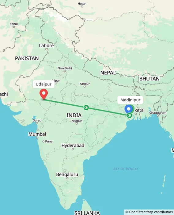 Route map showing distance and travel time from Medinipur, India to Udaipur, India