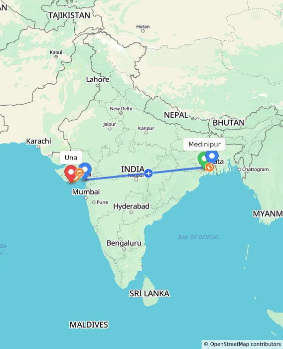 Route map showing distance and travel time from Medinipur, India to Una, India
