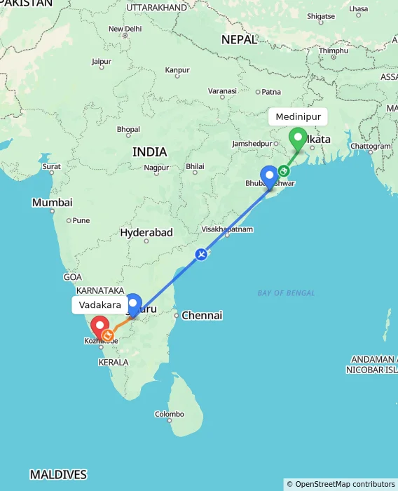 Route map showing distance and travel time from Medinipur, India to Vadakara, India