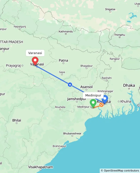 Route map showing distance and travel time from Medinipur, India to Varanasi, India