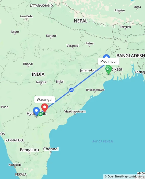 Route map showing distance and travel time from Medinipur, India to Warangal, India
