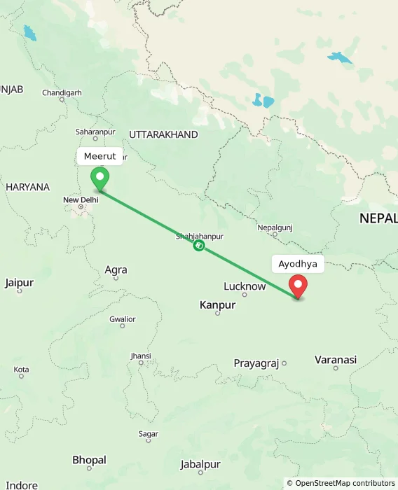Route map showing distance and travel time from Meerut, India to Ayodhya, India