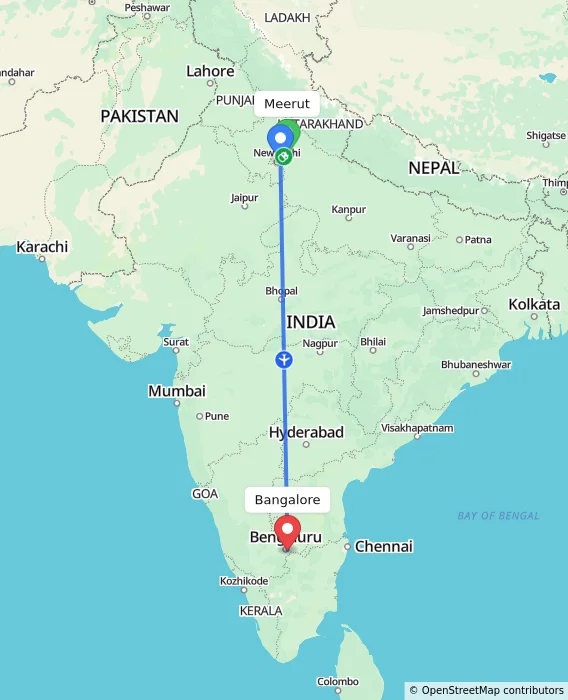 Route map showing distance and travel time from Meerut, India to Bangalore, India