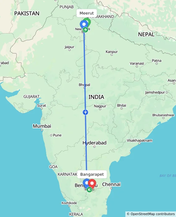 Route map showing distance and travel time from Meerut, India to Bangarapet, India