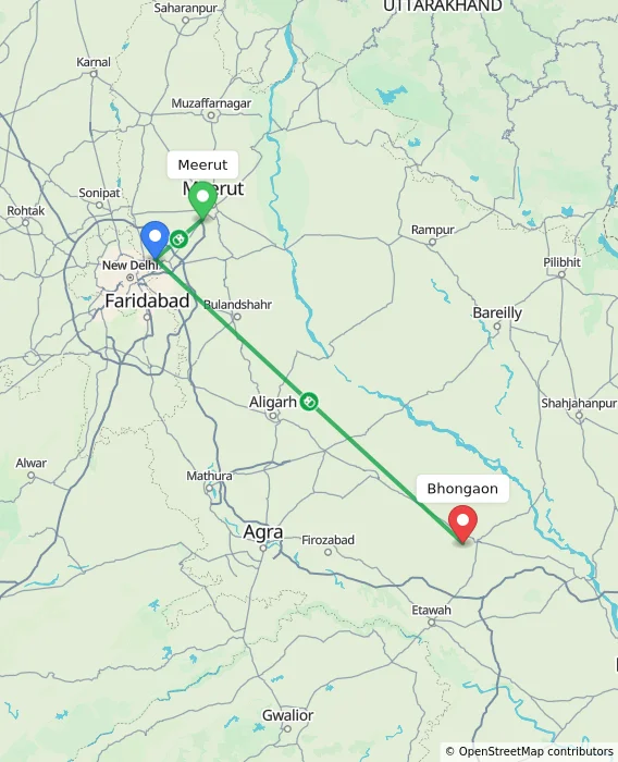 Route map showing distance and travel time from Meerut, India to Bhongaon, India