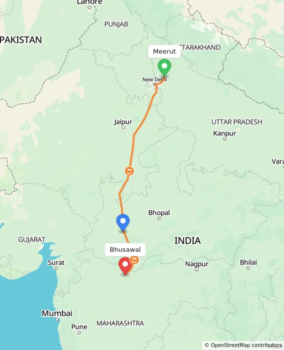 Route map showing distance and travel time from Meerut, India to Bhusawal, India