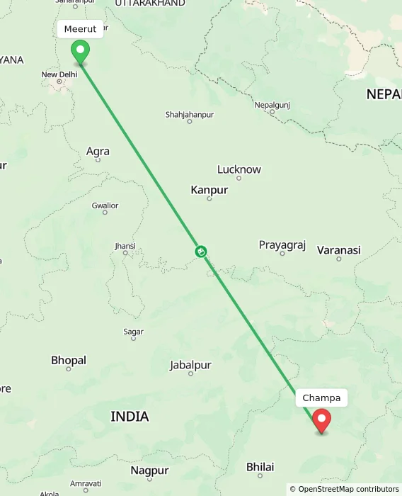 Route map showing distance and travel time from Meerut, India to Champa, India