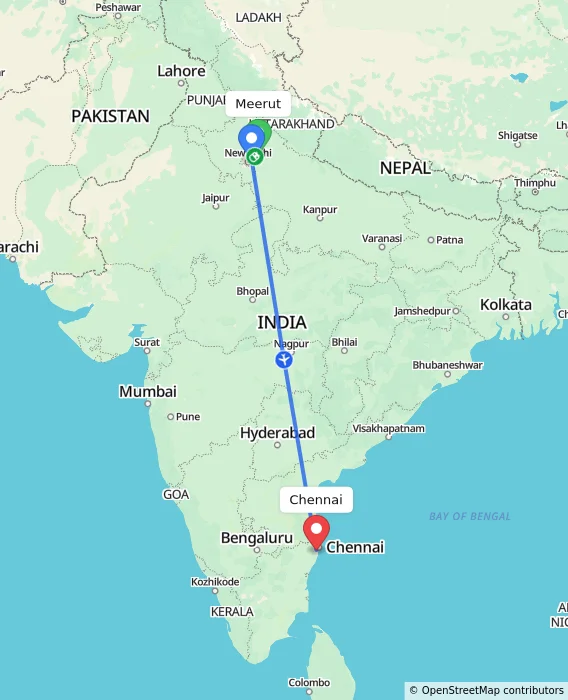 Route map showing distance and travel time from Meerut, India to Chennai, India