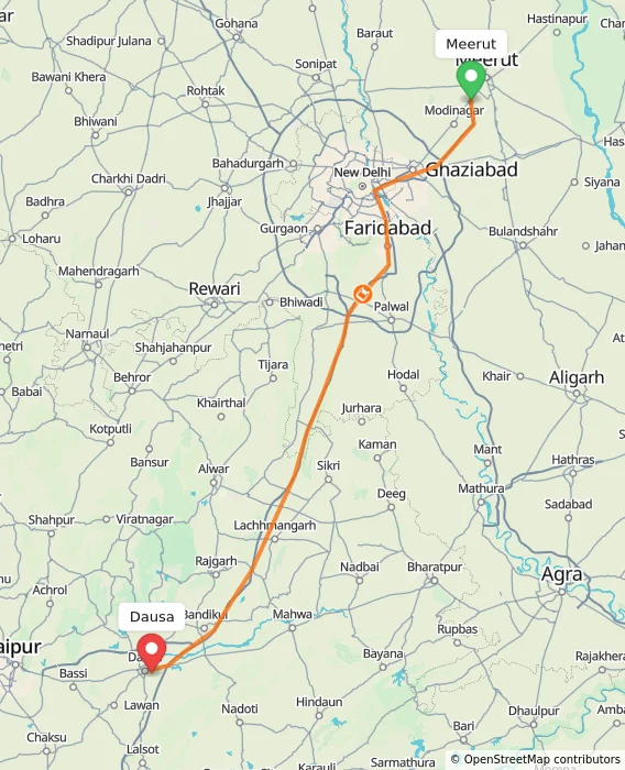 Route map showing distance and travel time from Meerut, India to Dausa, India