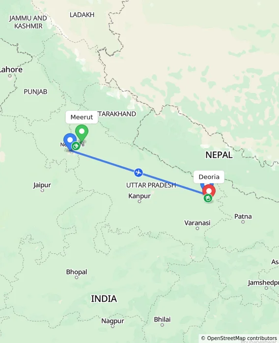Route map showing distance and travel time from Meerut, India to Deoria, India