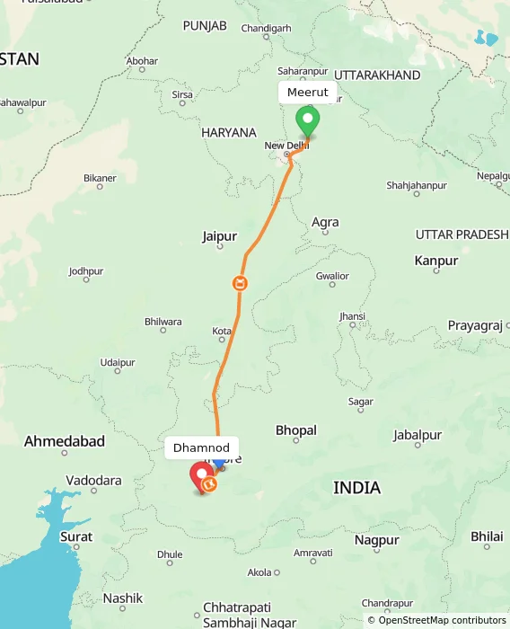 Route map showing distance and travel time from Meerut, India to Dhamnod, India