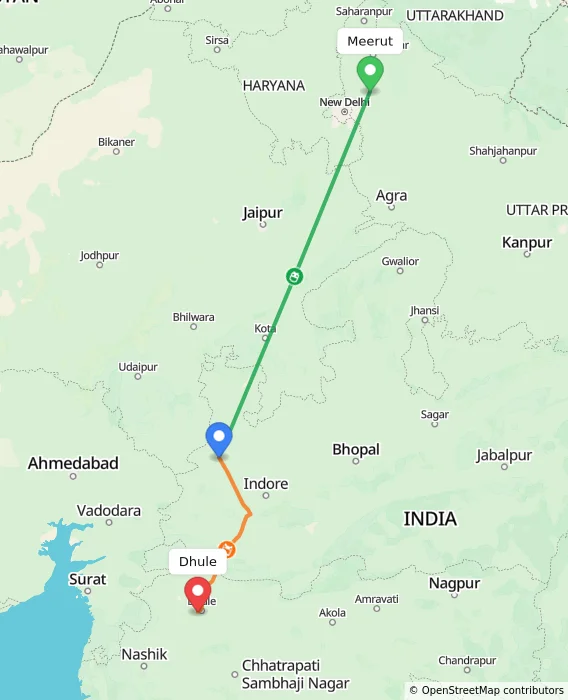 Route map showing distance and travel time from Meerut, India to Dhule, India