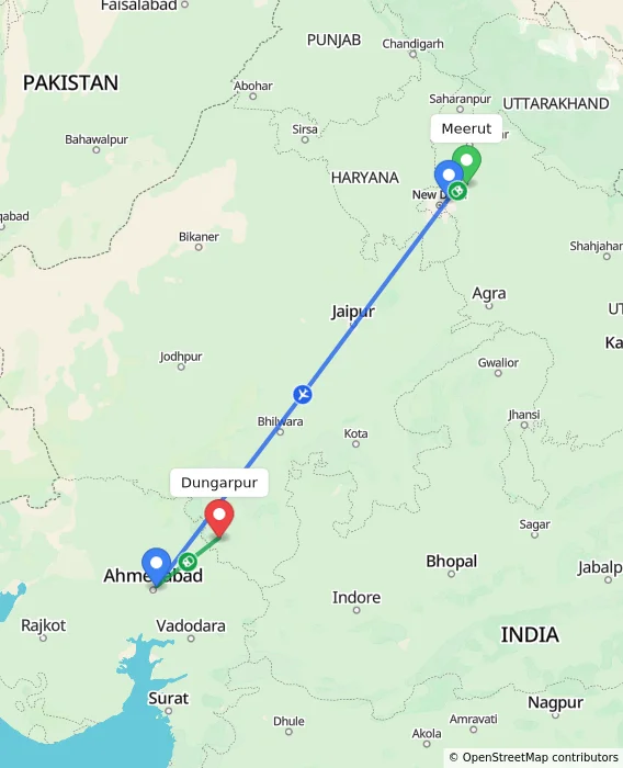 Route map showing distance and travel time from Meerut, India to Dungarpur, India