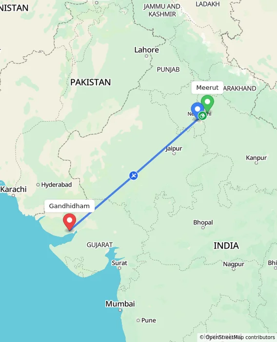 Route map showing distance and travel time from Meerut, India to Gandhidham, India