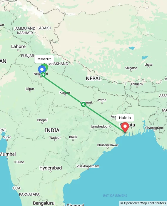 Route map showing distance and travel time from Meerut, India to Haldia, India