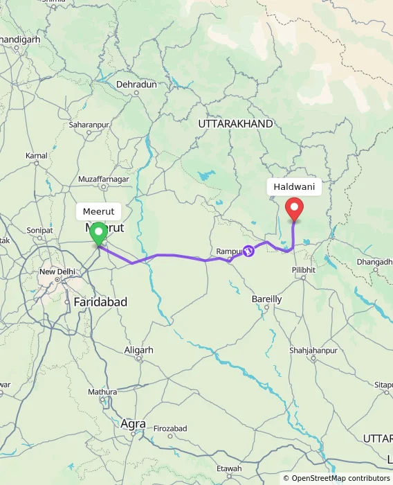 Route map showing distance and travel time from Meerut, India to Haldwani, India
