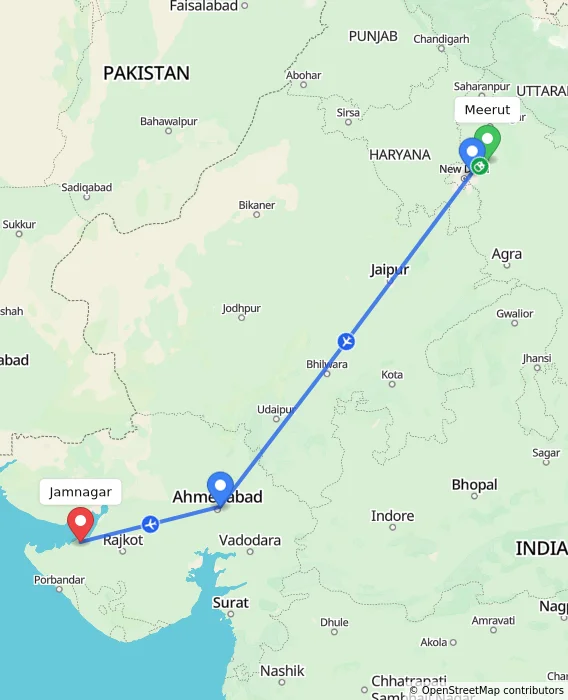 Route map showing distance and travel time from Meerut, India to Jamnagar, India