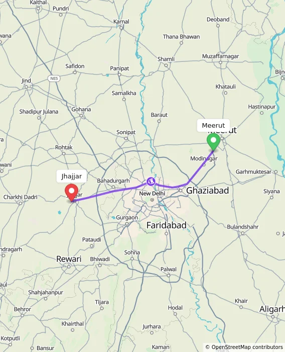 Route map showing distance and travel time from Meerut, India to Jhajjar, India