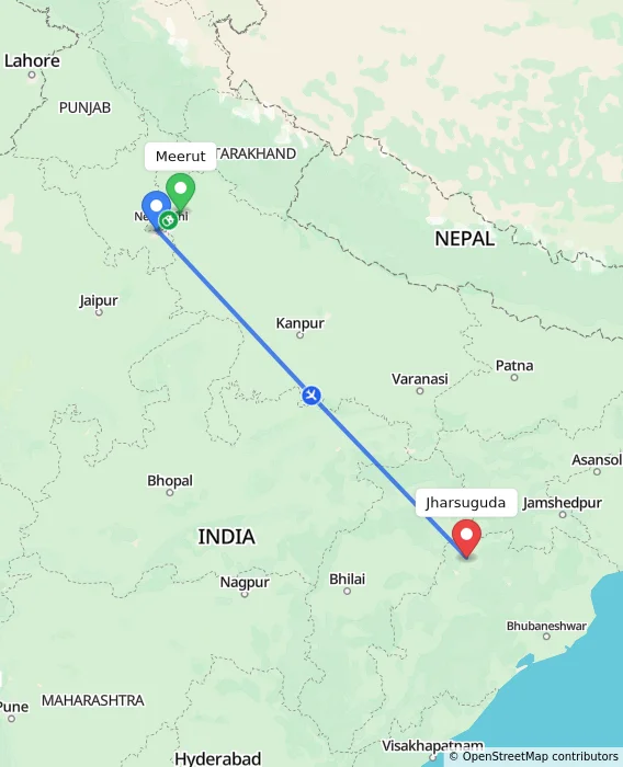 Route map showing distance and travel time from Meerut, India to Jharsuguda, India