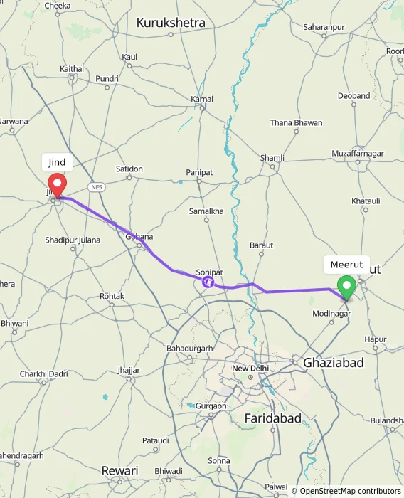 Route map showing distance and travel time from Meerut, India to Jind, India