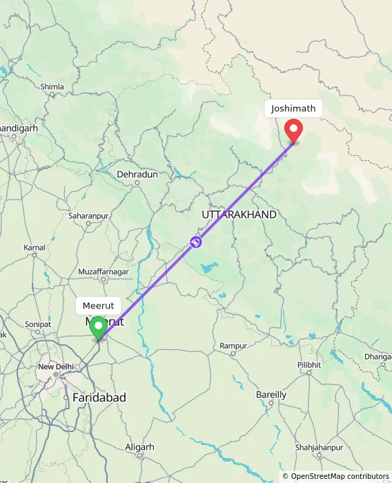 Route map showing distance and travel time from Meerut, India to Joshimath, India