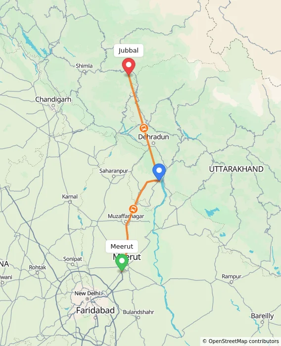Route map showing distance and travel time from Meerut, India to Jubbal, India
