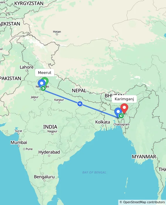Route map showing distance and travel time from Meerut, India to Karimganj, India