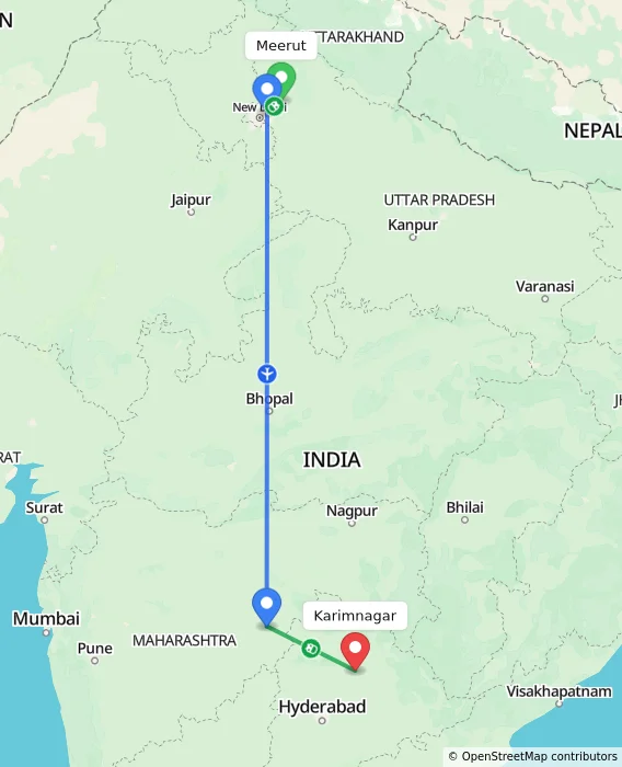Route map showing distance and travel time from Meerut, India to Karimnagar, India
