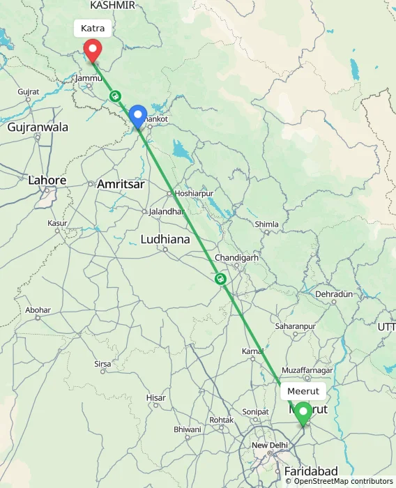 Route map showing distance and travel time from Meerut, India to Katra, India