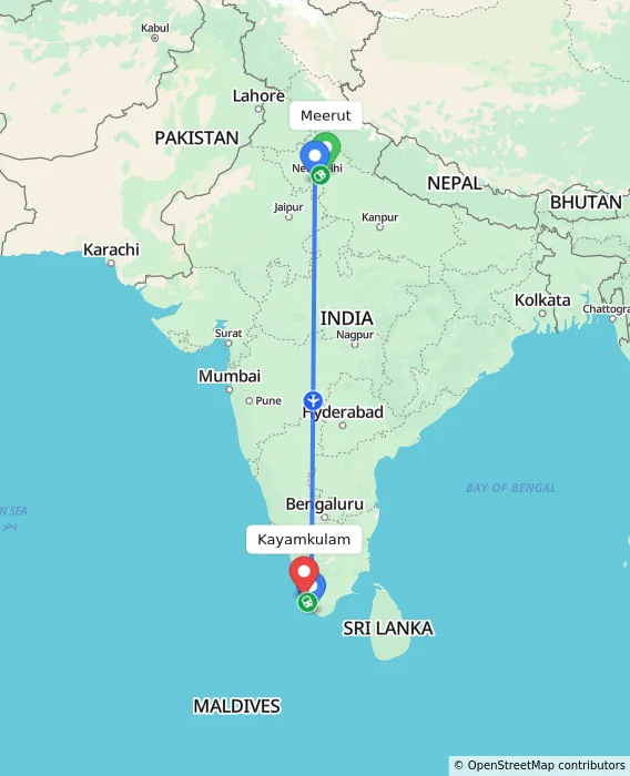 Route map showing distance and travel time from Meerut, India to Kayamkulam, India