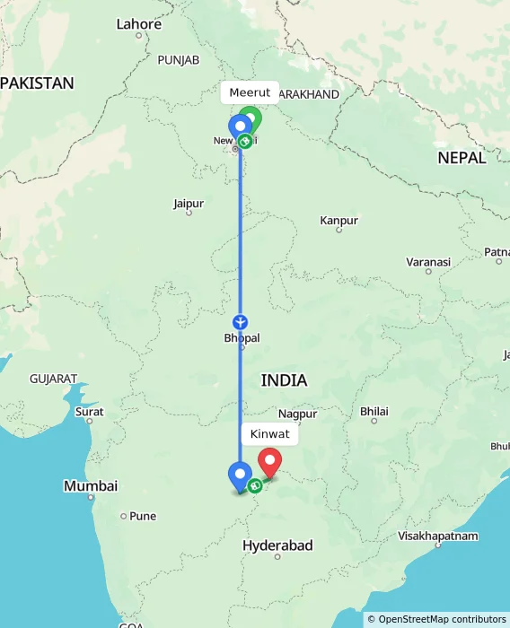 Route map showing distance and travel time from Meerut, India to Kinwat, India