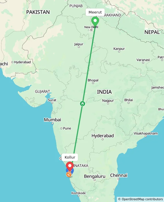 Route map showing distance and travel time from Meerut, India to Kollur, India