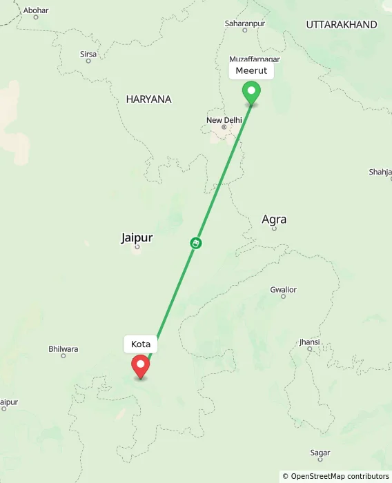 Route map showing distance and travel time from Meerut, India to Kota, India