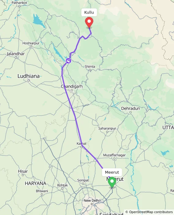 Route map showing distance and travel time from Meerut, India to Kullu, India