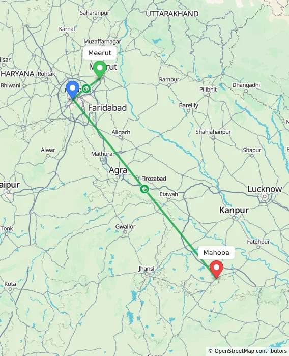 Route map showing distance and travel time from Meerut, India to Mahoba, India