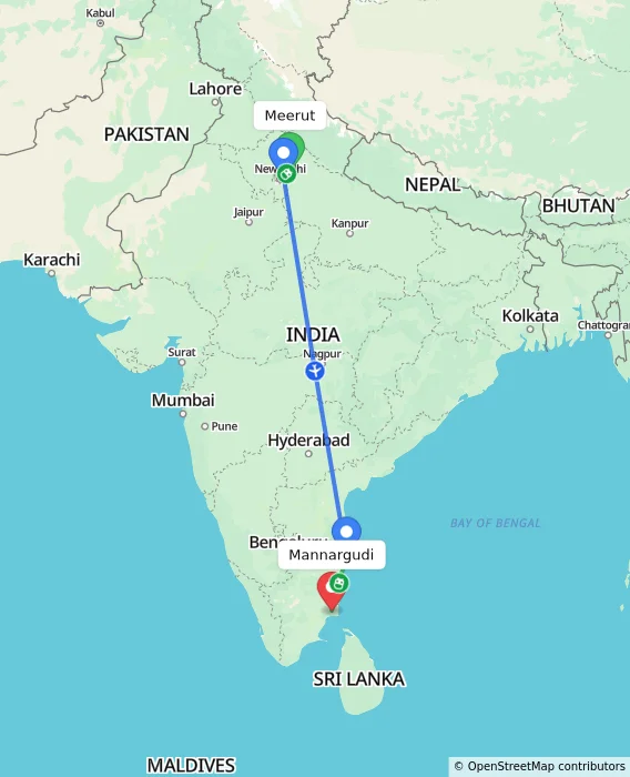 Route map showing distance and travel time from Meerut, India to Mannargudi, India