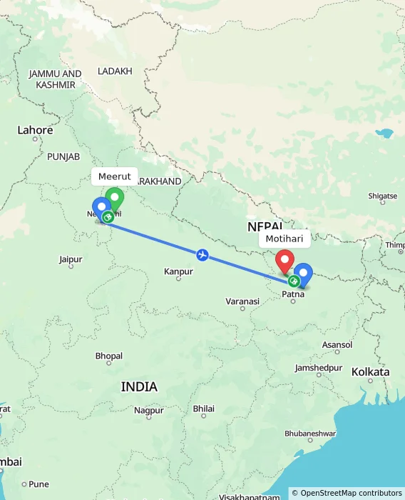 Route map showing distance and travel time from Meerut, India to Motihari, India