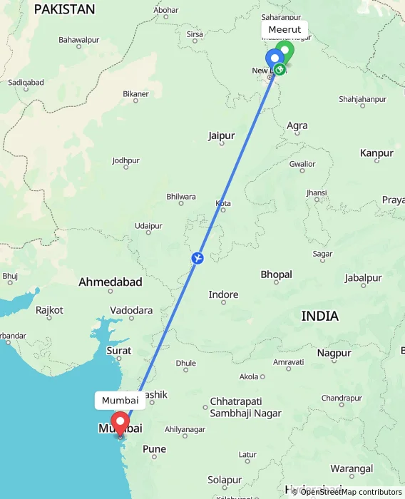 Route map showing distance and travel time from Meerut, India to Mumbai, India