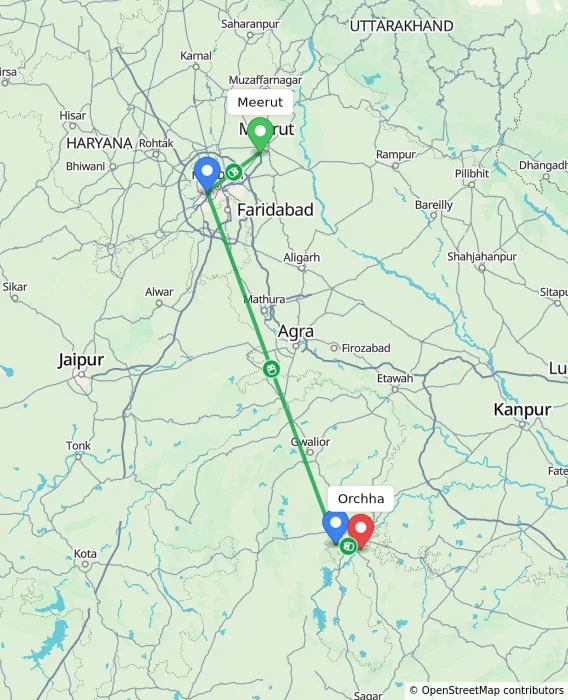 Route map showing distance and travel time from Meerut, India to Orchha, India