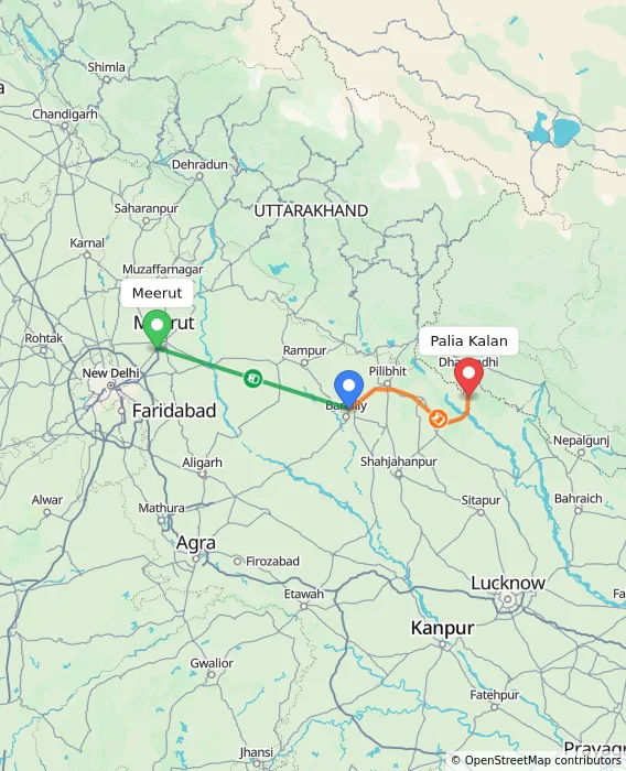 Route map showing distance and travel time from Meerut, India to Palia Kalan, India